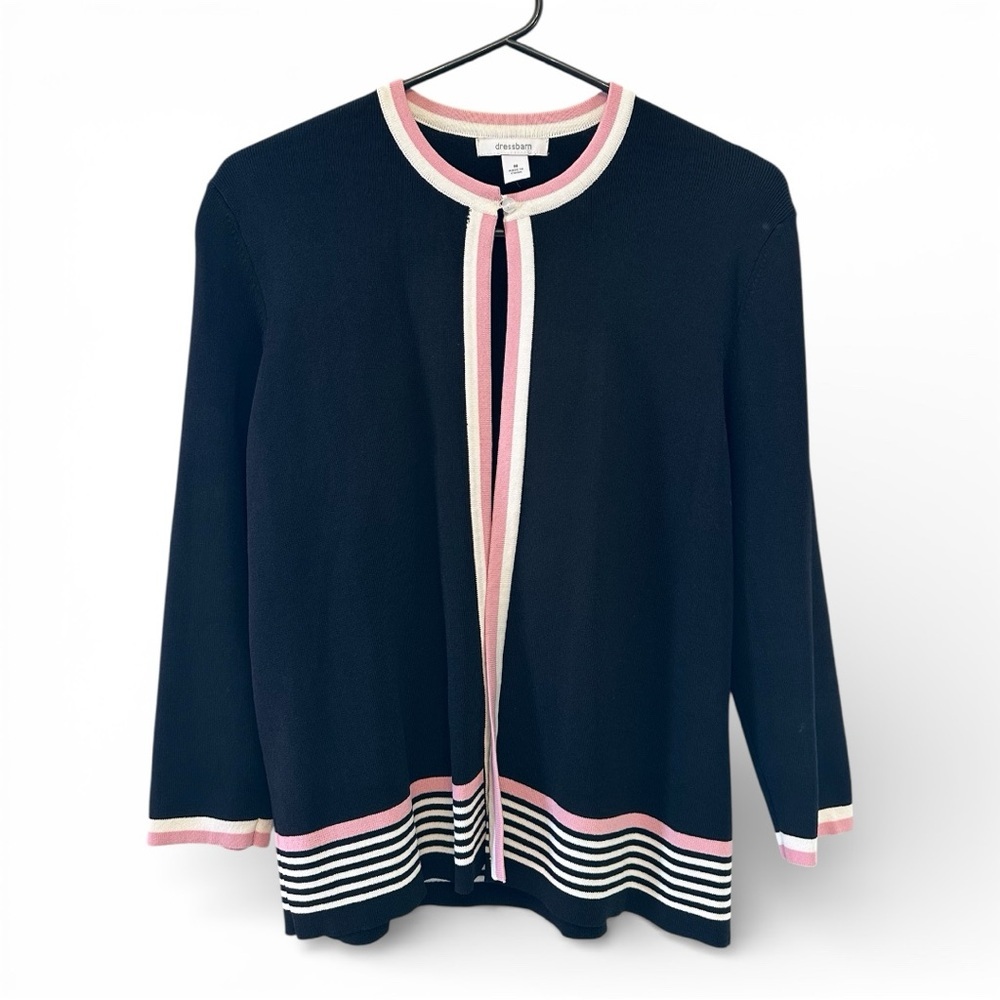 Vintage Y2K Era Dressbarn Black and Pink Striped Preppy Cardigan Size Medium